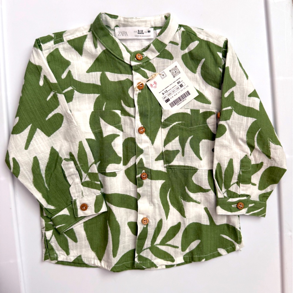 Zara White and Green Tropical Print Shirt